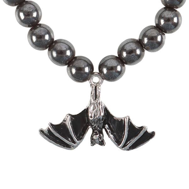 Gothic Halloween Hanging Bat Hematite Charm Bracelet