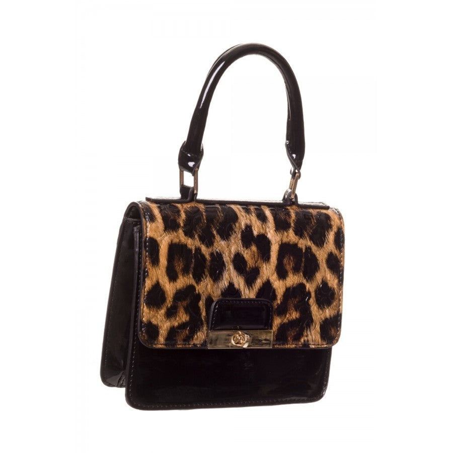 Handbag with leopard print top section and black base on a white background