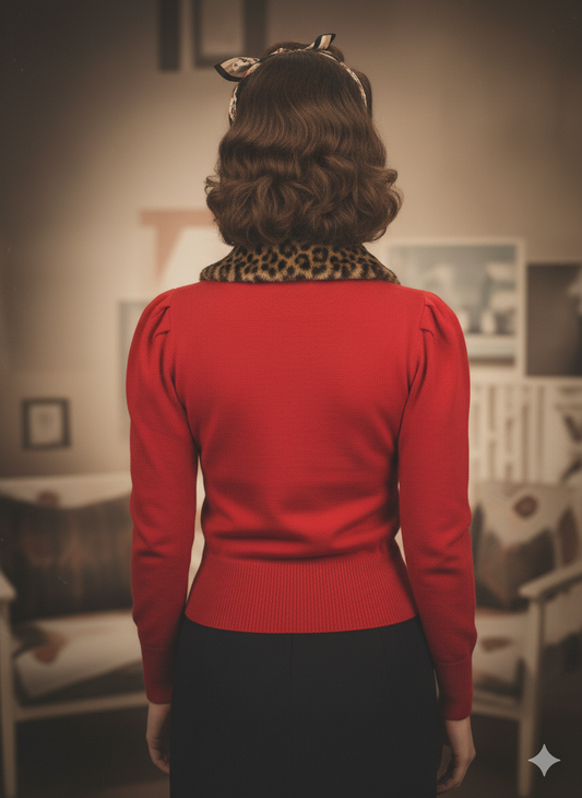 Person wearing a red sweater and leopard print headband in a room with vintage decor viewed from behind