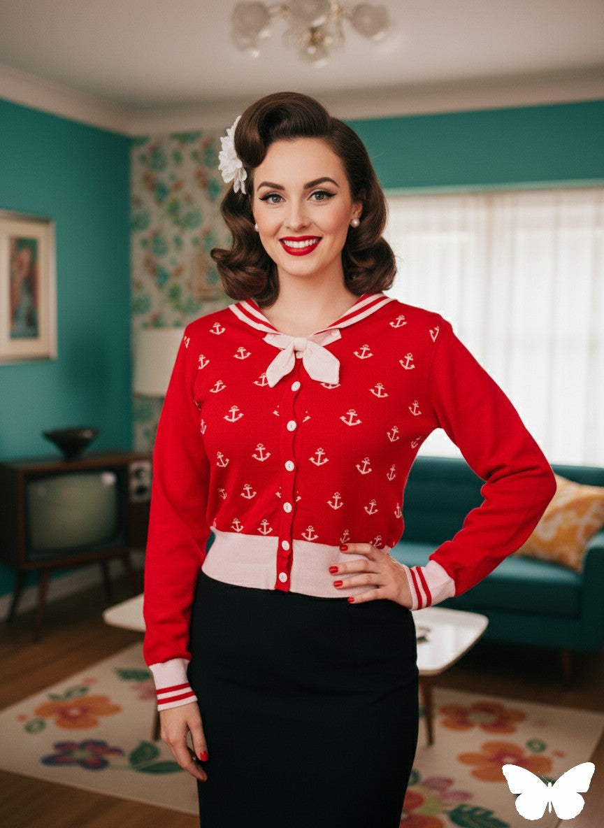 Red Nautical Charm Anchor Print Cardigan