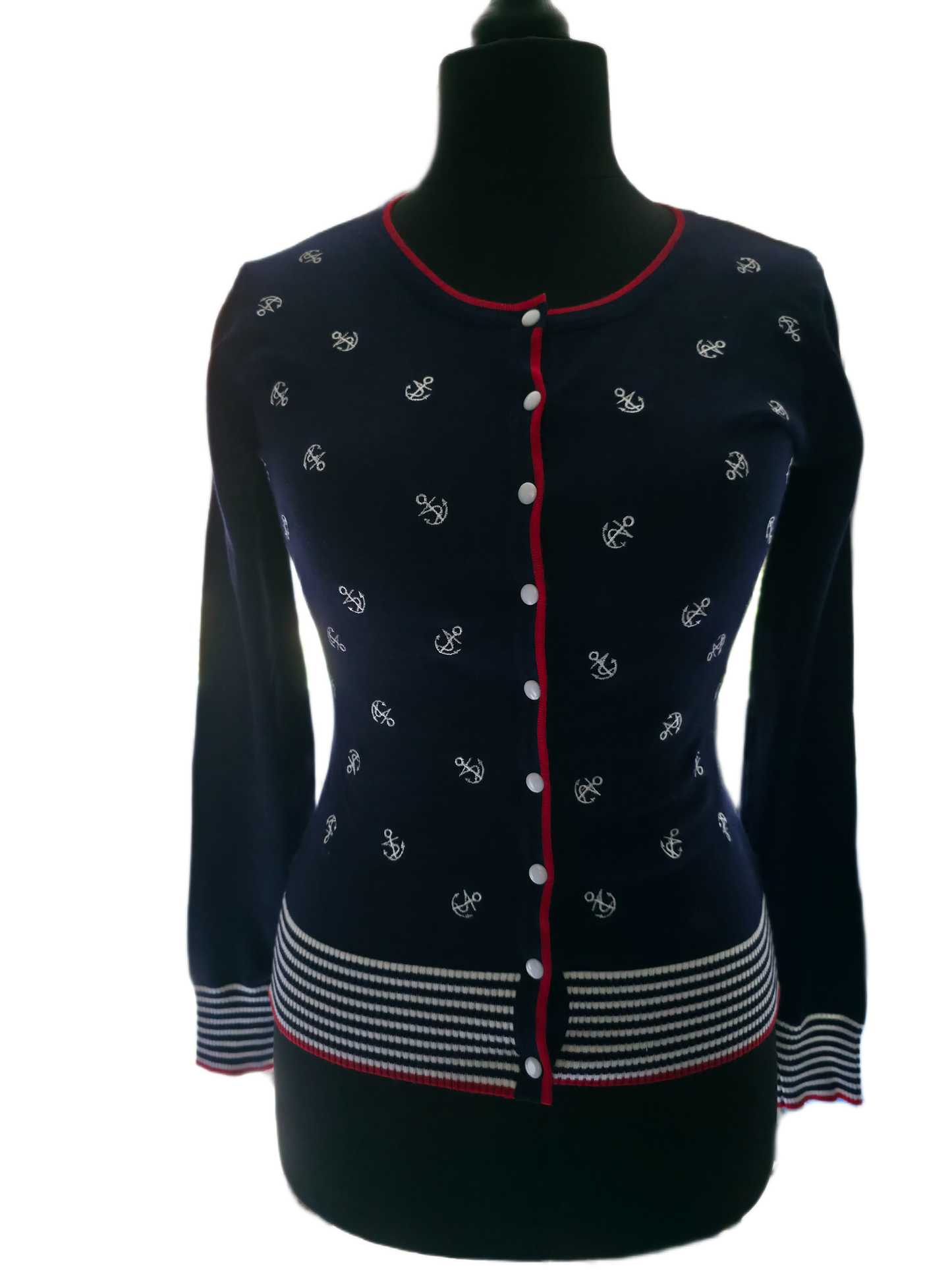 Navy blue cardigan with white button details and embroidered anchor motifs