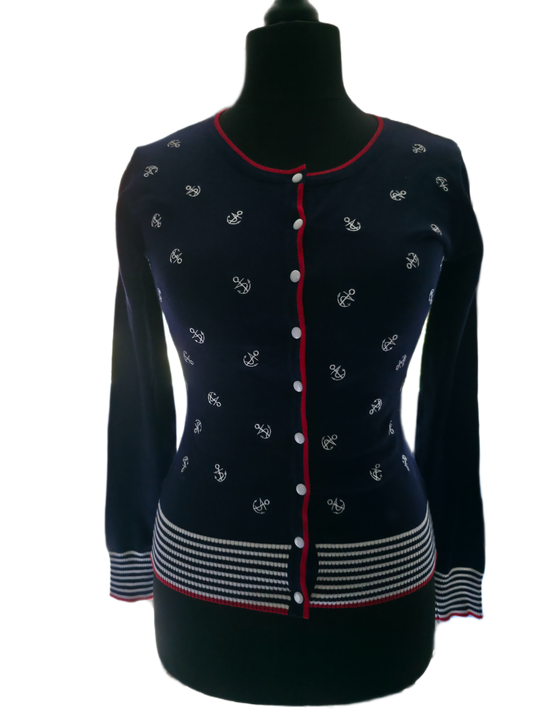Navy blue cardigan with white button details and embroidered anchor motifs