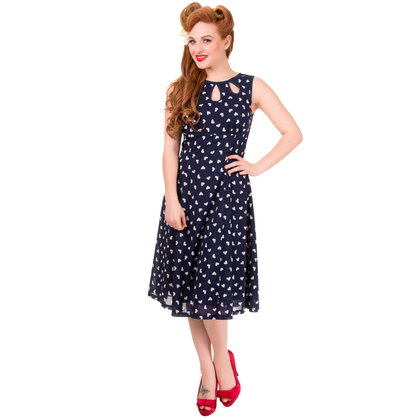 Dark Blue Songbird Dress with small white hearts