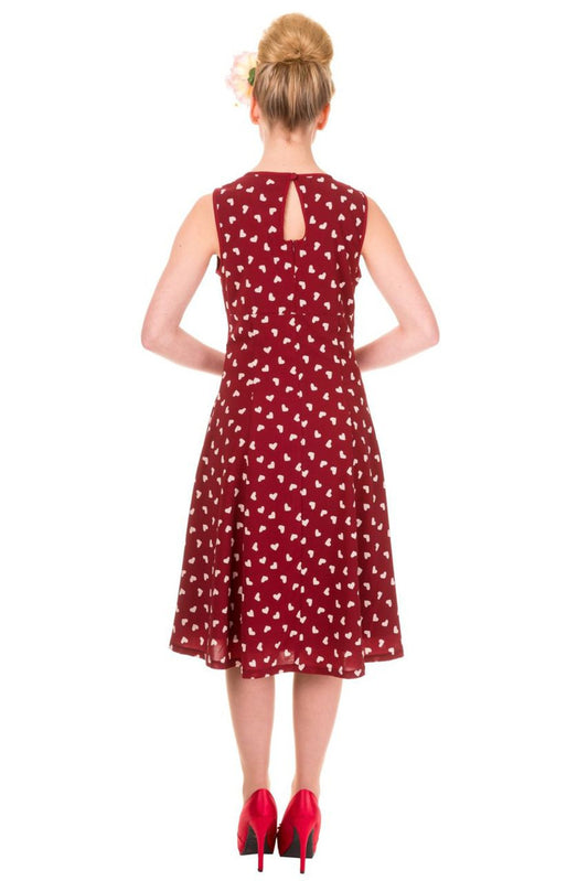 Dark Red Songbird Dress with small white hearts