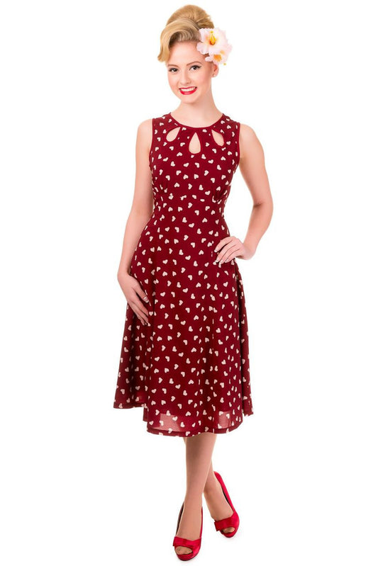 Dark Red Songbird Dress with small white hearts