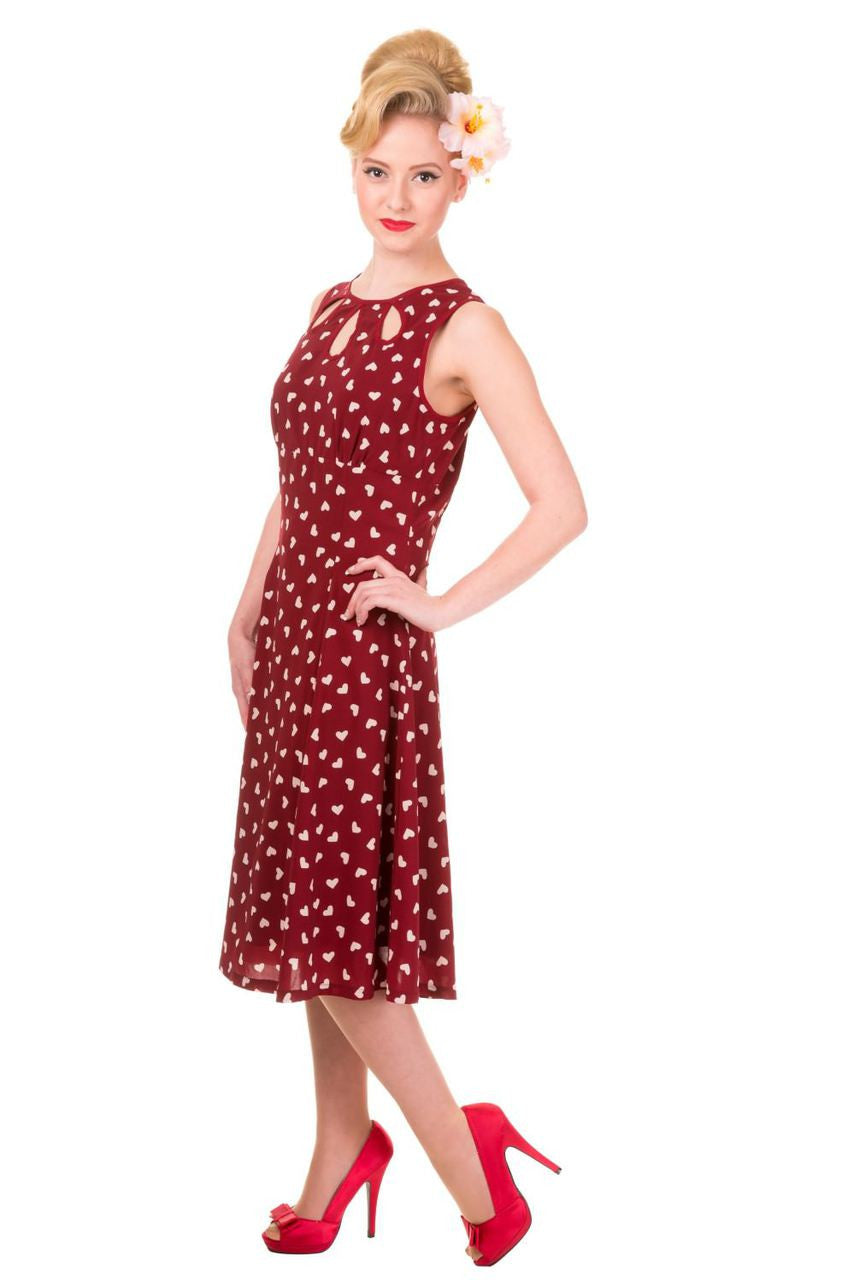 Dark Red Songbird Dress with small white hearts