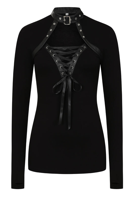 Black long-sleeve top with lace-up front design on a white background