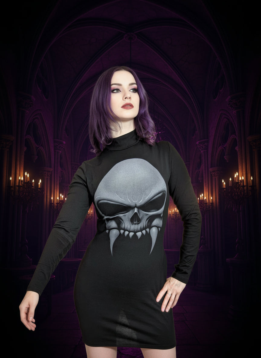 Black long-sleeve shirt with a skull design on a white background