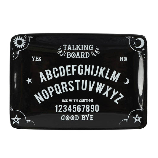 Ouija board trinket dish with text and symbols on a black background