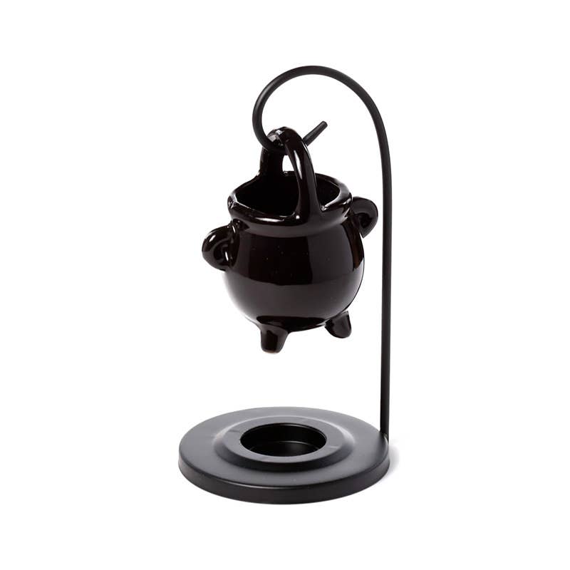 Black ceramic incense burner with a curved neck on a white background