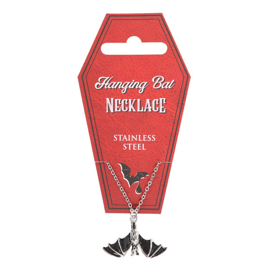Hanging bat necklace on a red card packaging with 'Stainless Steel' text.
