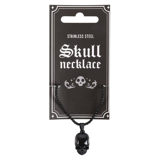 Black skull necklace on a black card with 'Stainless Steel Skull Necklace' text.