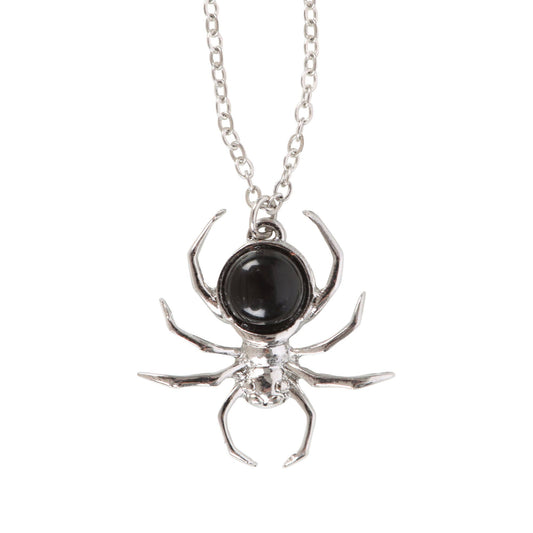 Spider-shaped pendant with a black gemstone on a silver chain against a white background