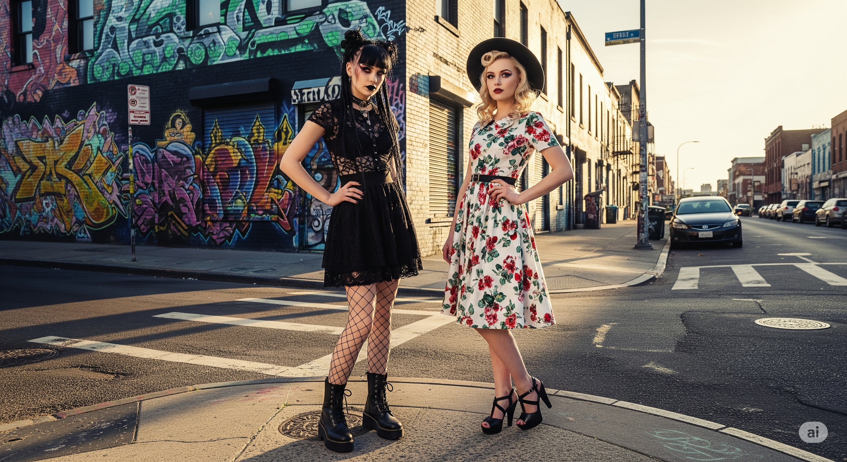 Two women posing on a street corner with graffiti in the background