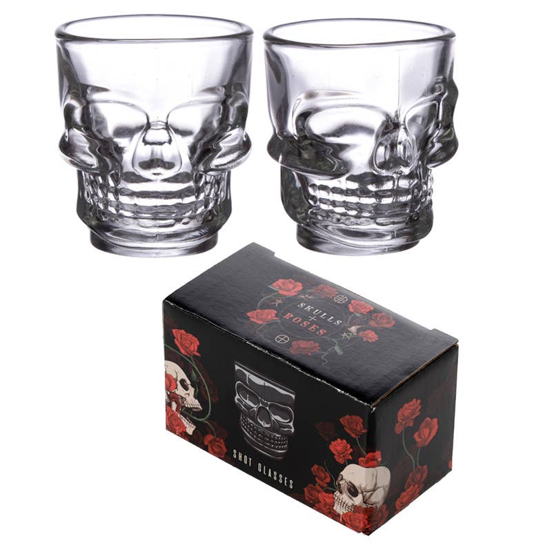 Set of 2 Skulls and Roses Glass Skull Shot Glasses (60ml)