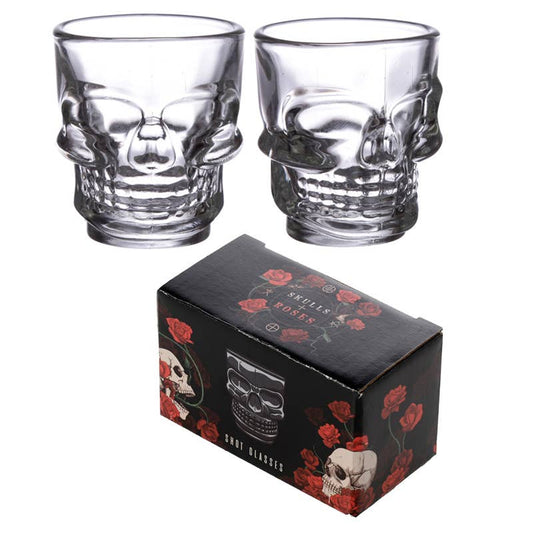 Set of 2 Skulls and Roses Glass Skull Shot Glasses (60ml)