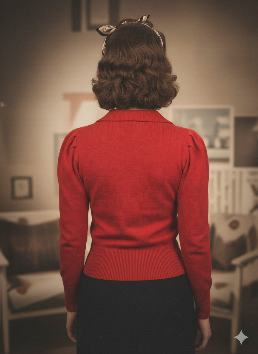 Person wearing a red cardigan in a room with vintage decor with the detachable collar removed viewed from behind