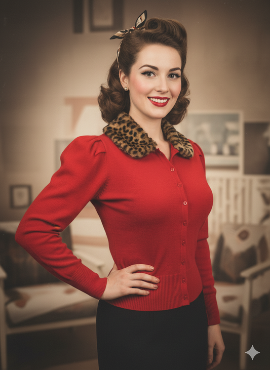 Woman wearing a red sweater with a leopard print collar in an indoor setting