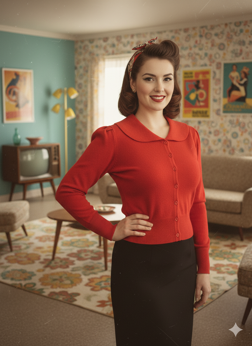 Person wearing a red cardigan in a room with vintage decor with the detachable collar removed viewed fronm the front