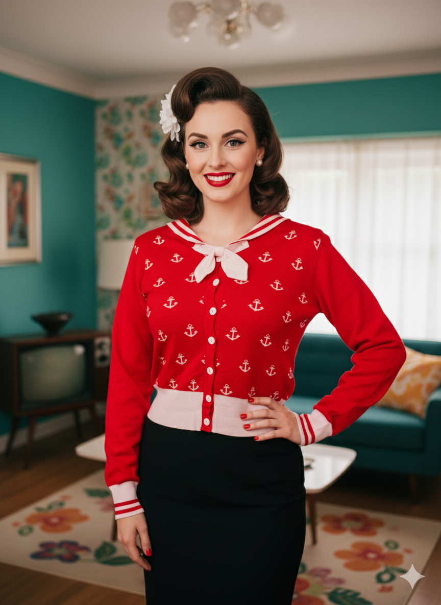 Red Nautical Charm Anchor Print Cardigan