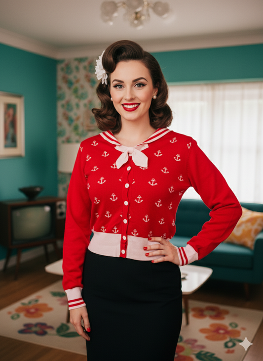 Red Nautical Charm Anchor Print Cardigan