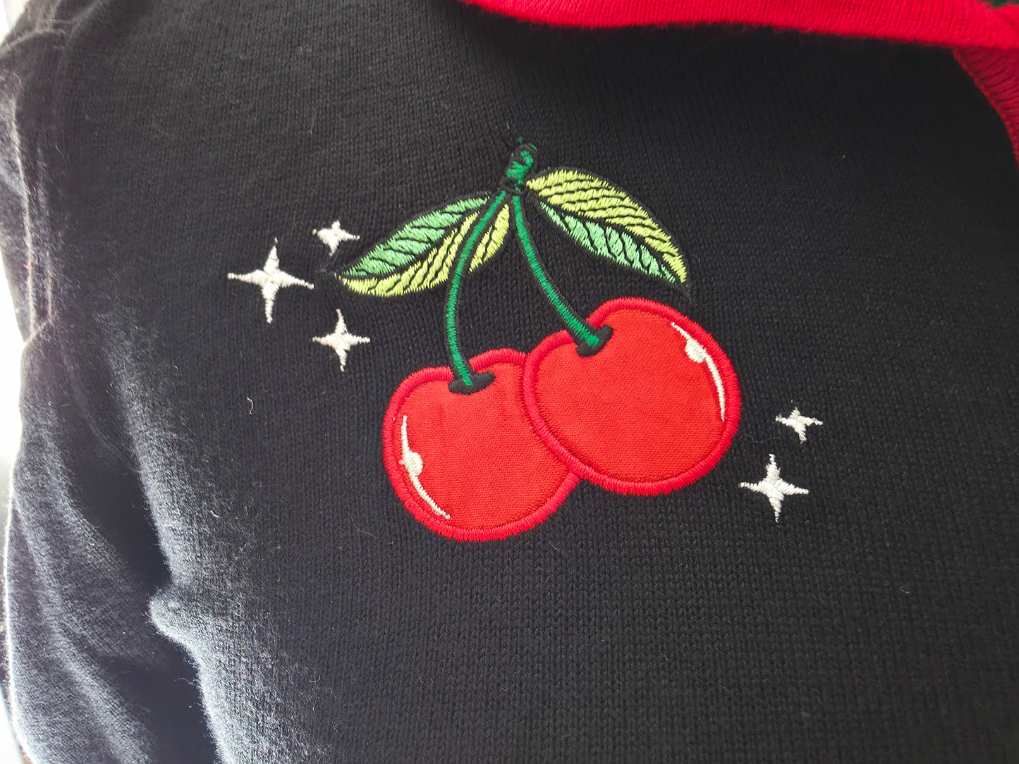 Embroidered Cherry details on chest on each side on the cardigan