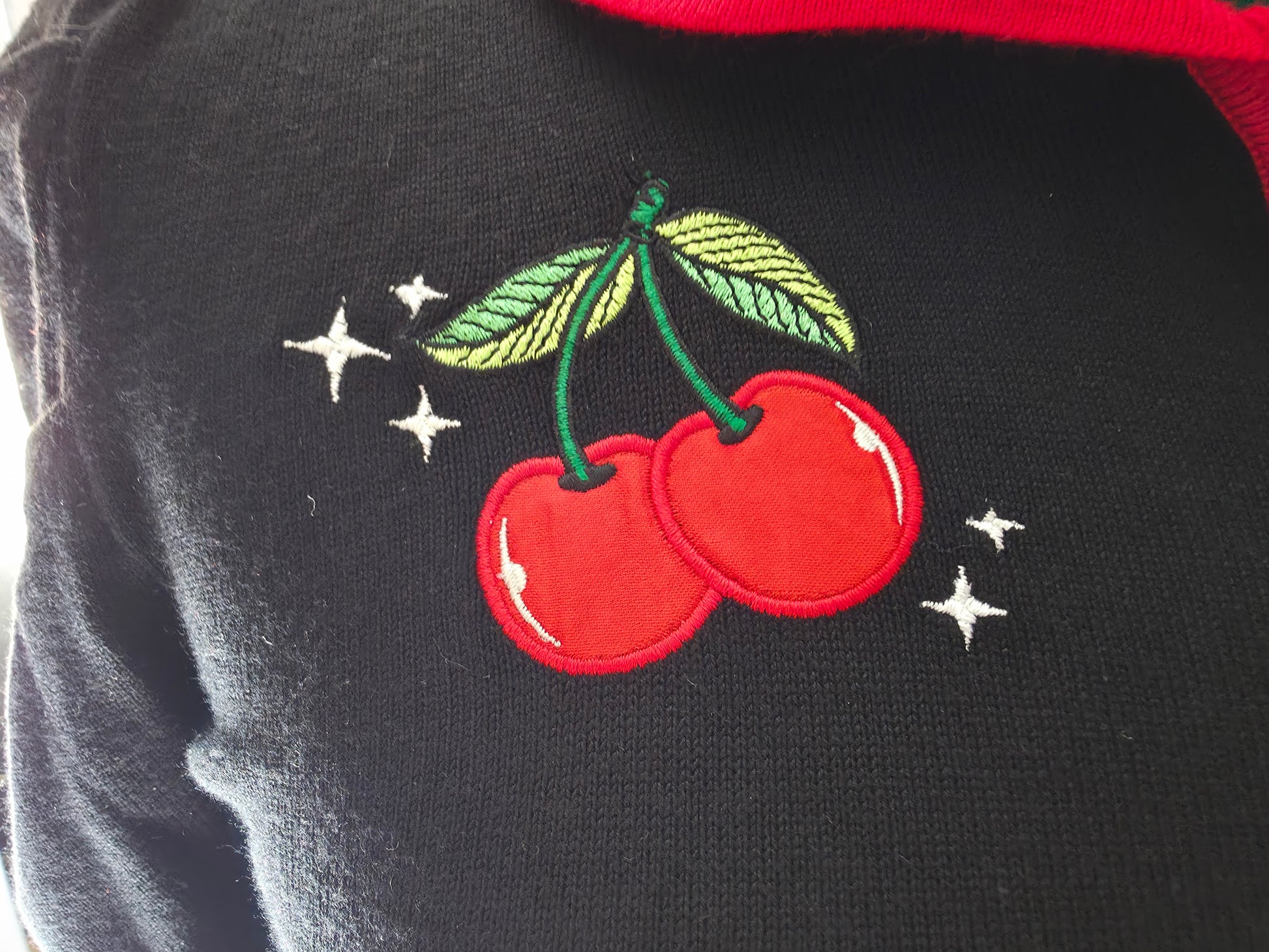 Embroidered Cherry details on chest on each side on the cardigan