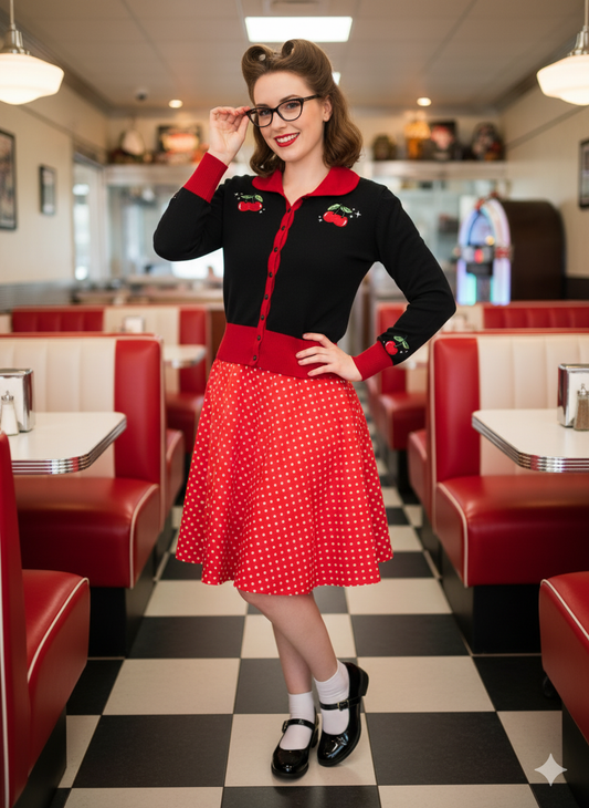 Front view of our adorable Sweet Cherry Darling Embroidered Cardigan, a perfect blend of retro flair and cozy comfort!