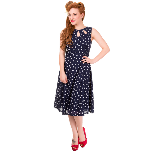 Dark Blue Songbird Dress with small white hearts