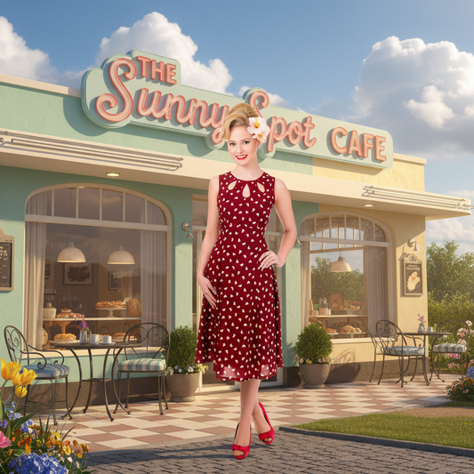Woman wearing a red dress with white floral pattern on a white background