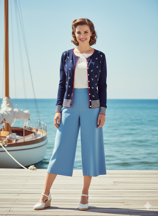 Nautical Charm Anchor Embroidered Cardigan