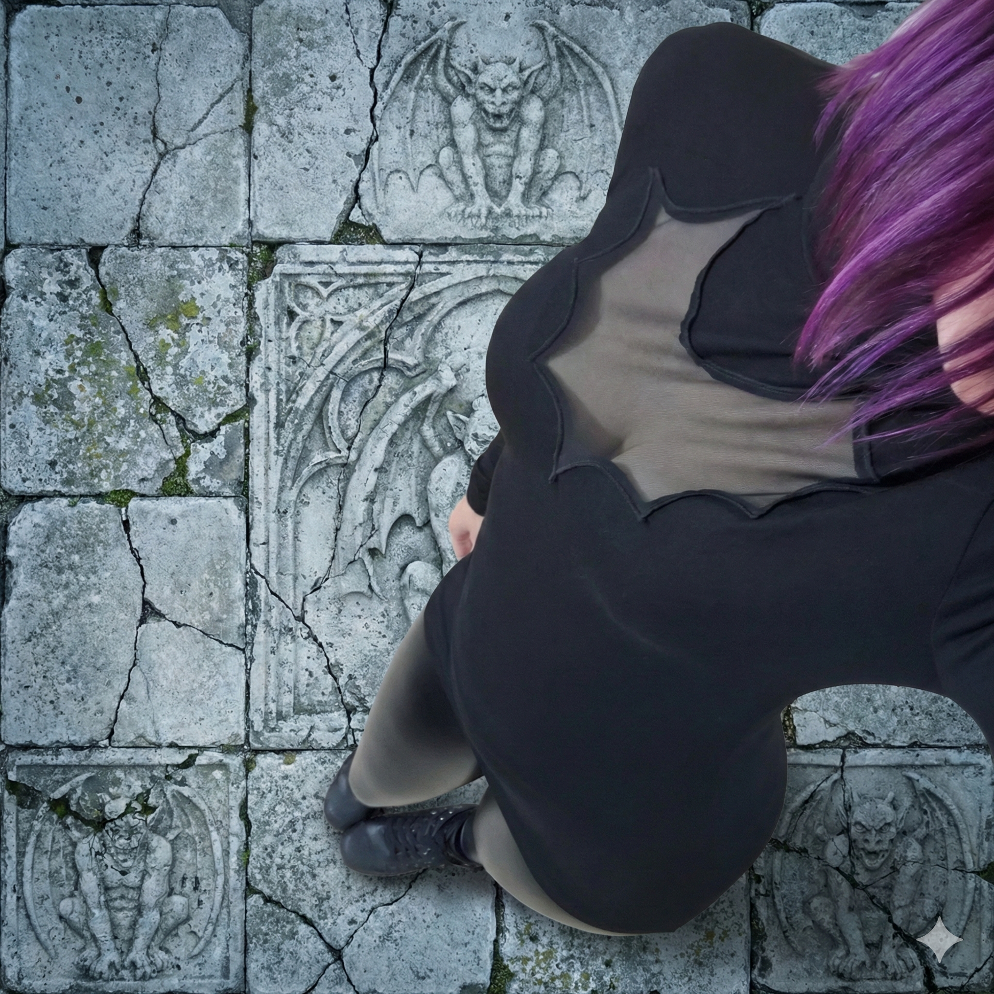 Person with purple hair sitting on stone pavement with decorative carvings.