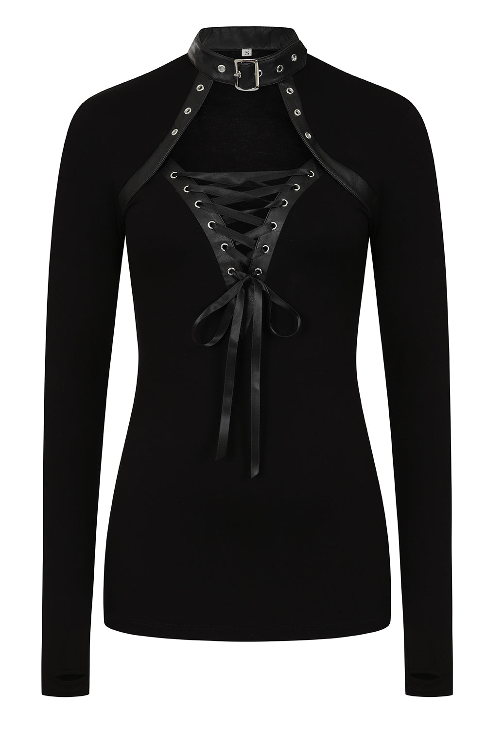 Black long-sleeve top with lace-up front design on a white background