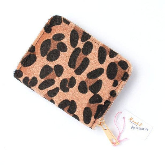 Leopard print wallet with a gold zipper on a white background