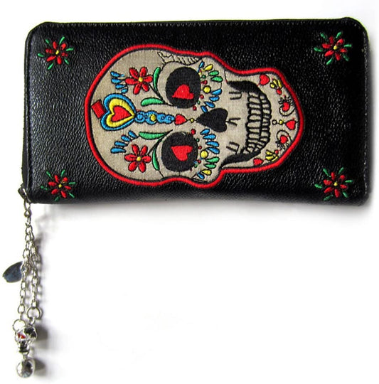 Black wallet with colorful skull design on a white background