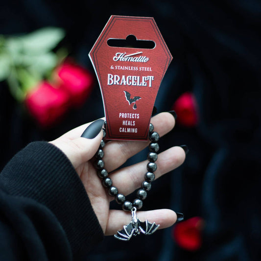 Gothic Halloween Hanging Bat Hematite Charm Bracelet