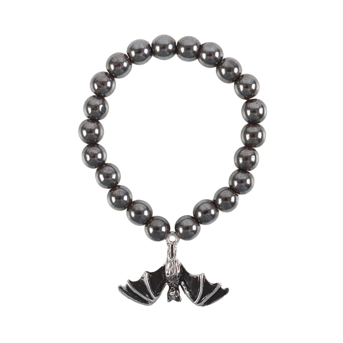 Black beaded bracelet with a bat charm on a white background