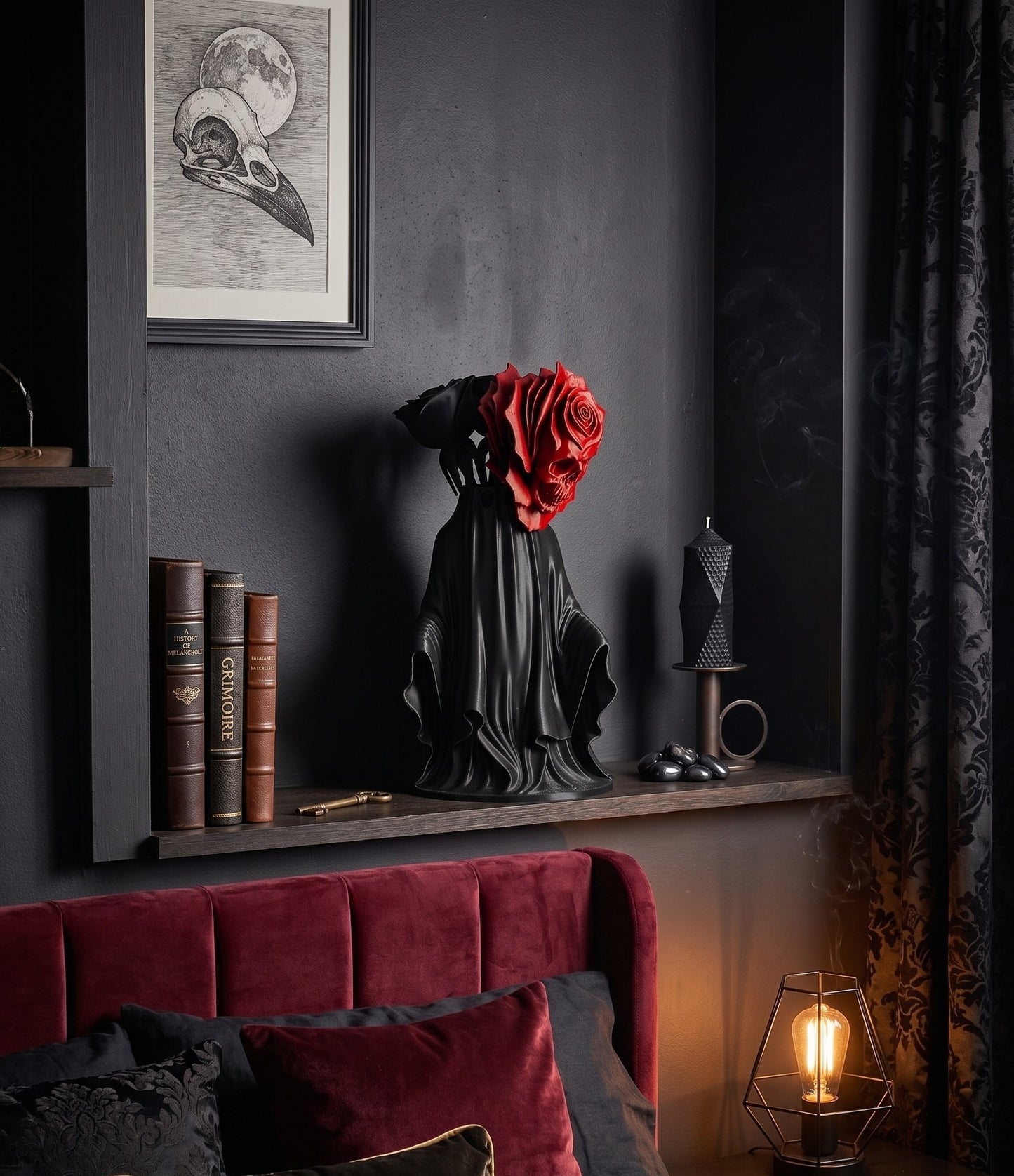 Ghost Vase with black roses and black/blood red skull rose!  |  Gothic Vase SPECIAL OFFER