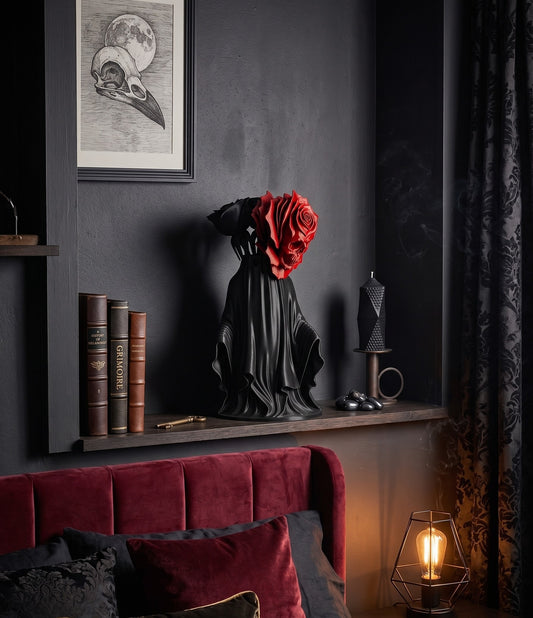 Ghost Vase with black roses and black/blood red skull rose!  |  Gothic Vase SPECIAL OFFER