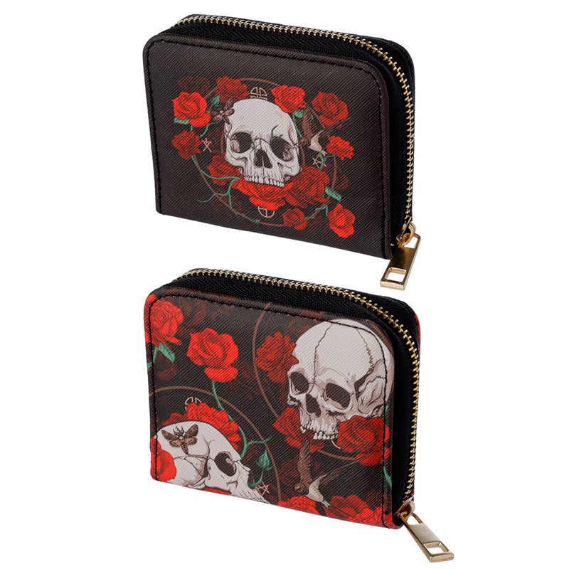 Two black zip-around wallets with skull and rose designs on a white background