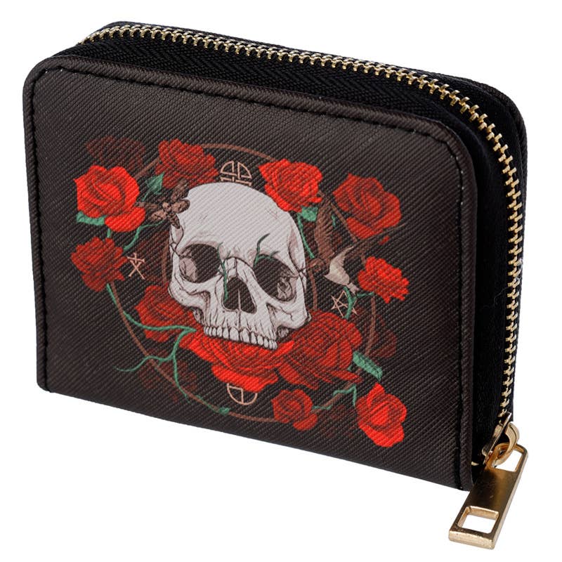 Black wallet with skull and red roses design on a white background