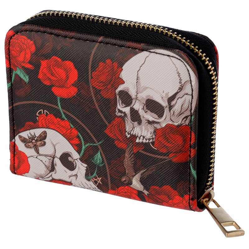 Wallet with skull and rose design on a black background