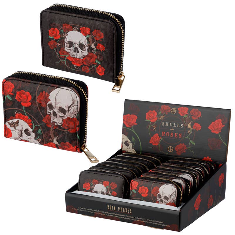 Black wallet with skull and rose design, displayed open and in a box.
