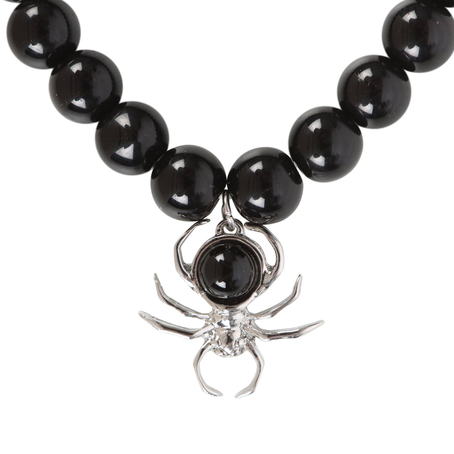 Black beaded bracelet with a silver spider charm on a white background