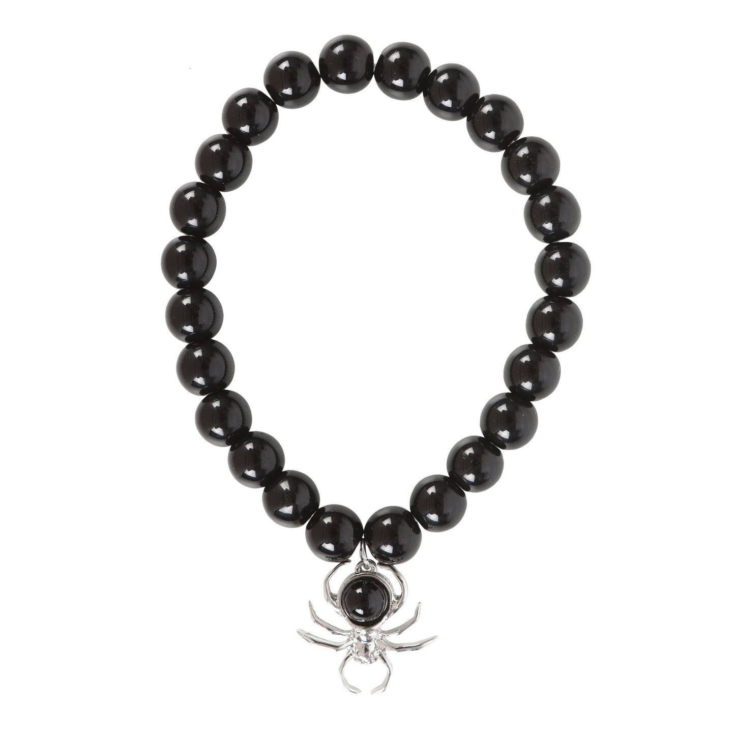 Black beaded bracelet with a spider charm on a white background