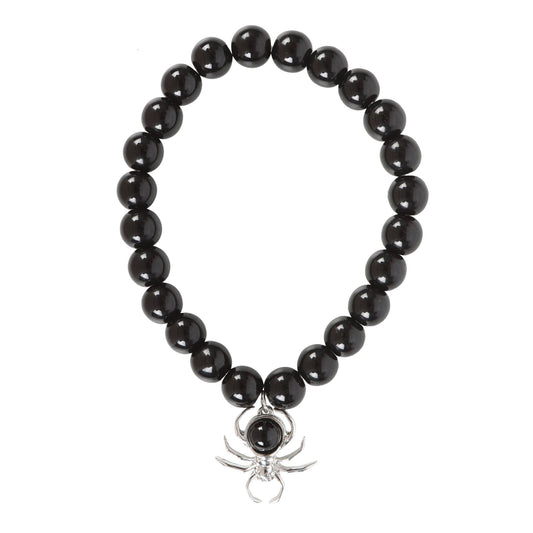 Black beaded bracelet with a spider charm on a white background