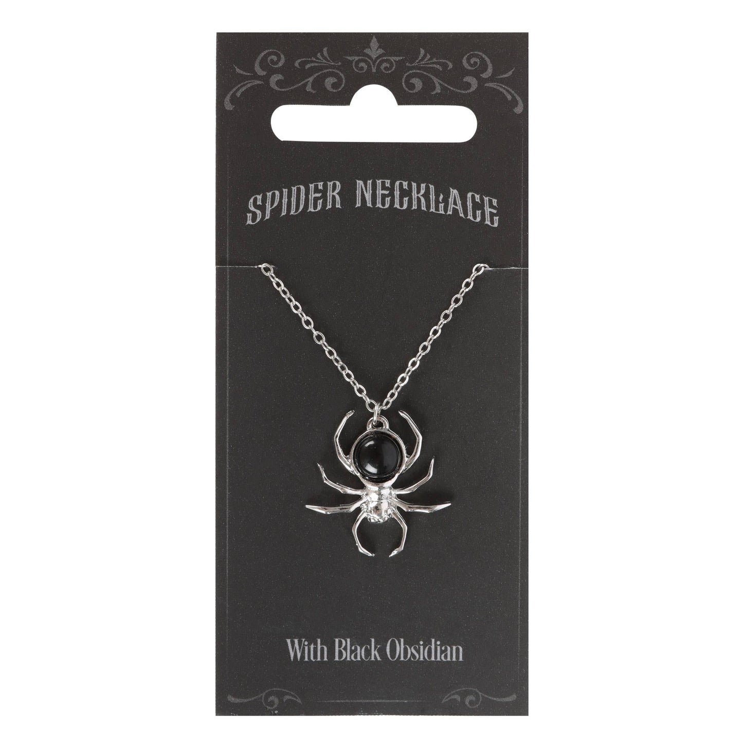Spider necklace with black obsidian on a black card packaging